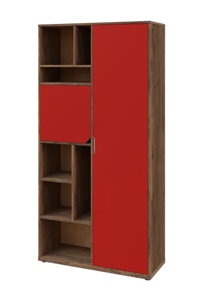 KSR6-83 P skříň šatní, 1x výsuvné ramínko, dvířka, niky, 2053x1022x400 mm, provedení pravé, dub halifax cínový/červená